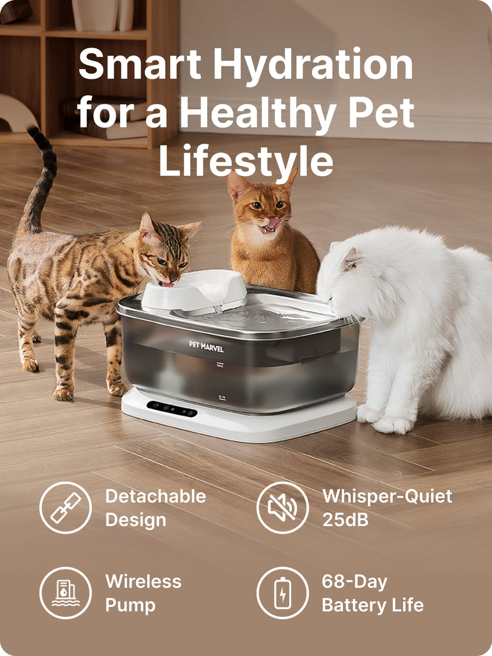 PET MARVEL F2 V2 3 cats share cordless pet water fountain