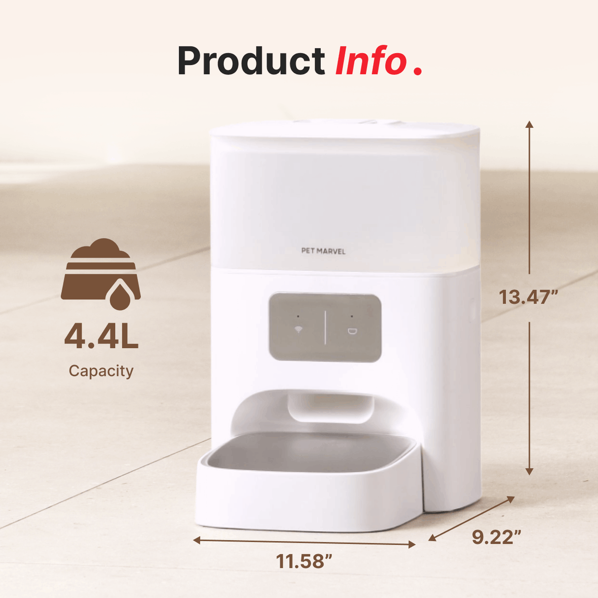 the container has 4.4L capacity and the product's dimension is 9.47*11.58*13.47 inches